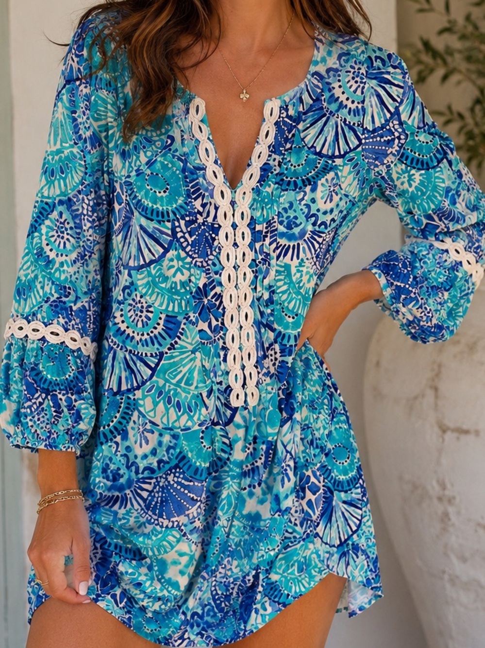 Lilly Pulitzer Blue & Aqua Floral Lace-Trim Swim Coverup